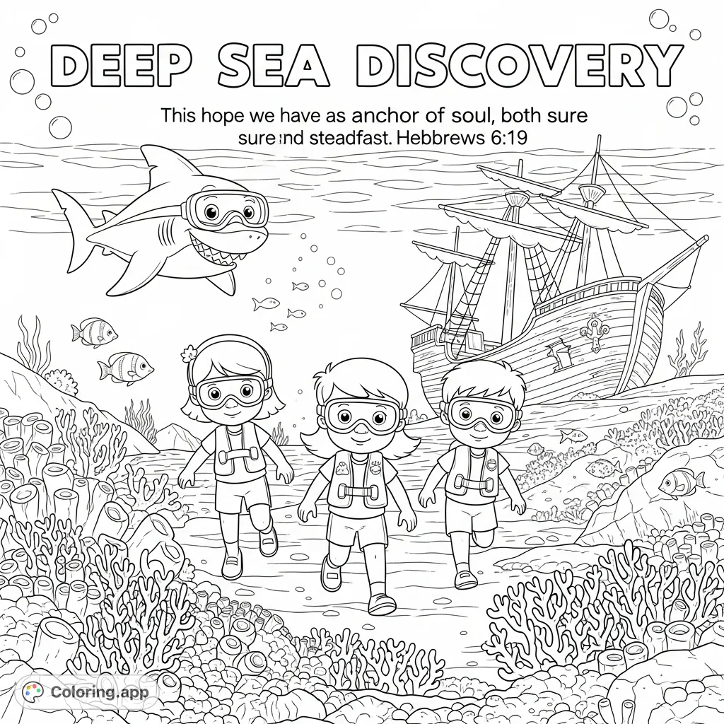 Explore an exciting underwater world with children, a friendly shark, a grand shipwreck, and vibrant coral, all featuring an inspiring Bible verse.