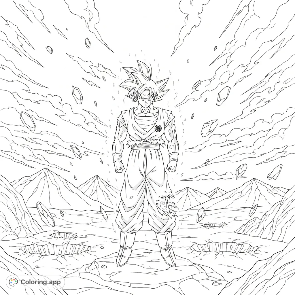 Goku in mastered Ultra Instinct form, mid-air above a rocky, cratered battlefield with floating debris. Jagged mountains and turbulent, swirling clouds complete the powerful scene.