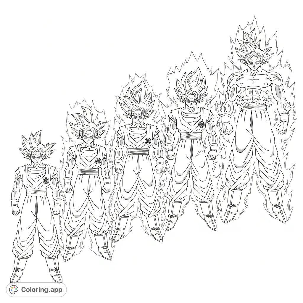 Witness Goku's powerful journey! This coloring page features his iconic transformations, from determined base form to ultimate Ultra Instinct. Dynamic energy abounds.