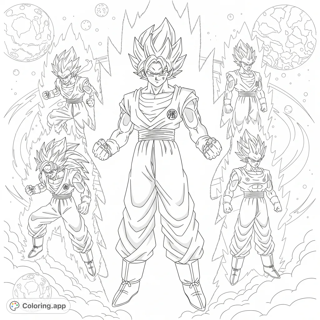 Experience the ultimate power of Super Saiyan Blue Goku surrounded by his iconic forms: Super Saiyan 3, Super Saiyan 4, and Ultra Instinct Omen amidst a cosmic backdrop.