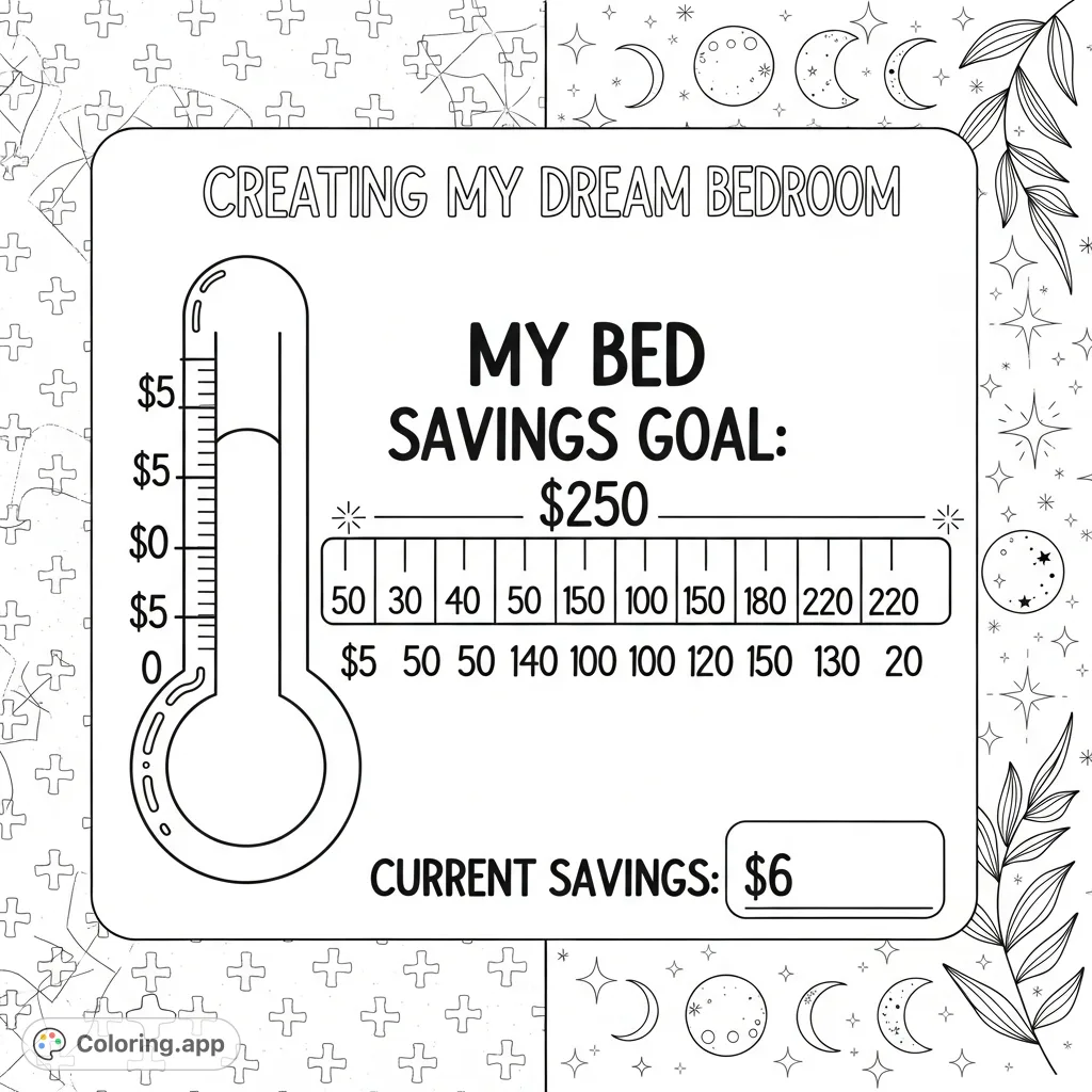Track dream bedroom savings with this aesthetic journal-style coloring page. Features a progress bar, 'My Bed Savings Goal: $250,' and symbolic background elements.