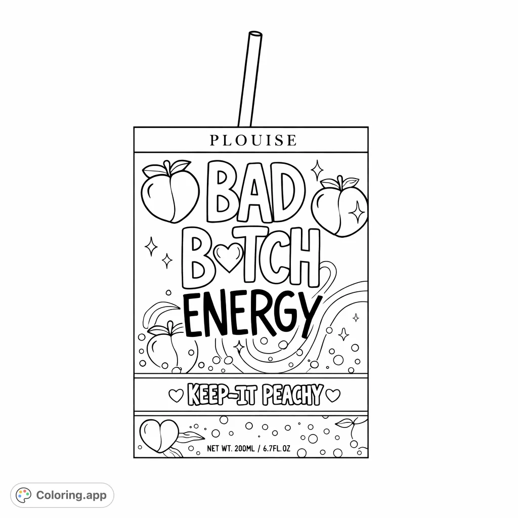 Unleash your creativity with this empowering juice box coloring page, featuring playful text, peaches, and decorative patterns. Perfect for a fun, uplifting coloring session.