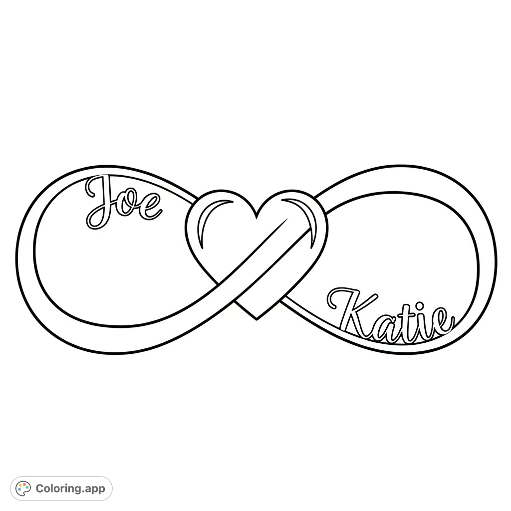 A beautiful infinity symbol with a heart, elegantly intertwining the names Joe and Katie. A symbol of everlasting connection and affection for coloring.