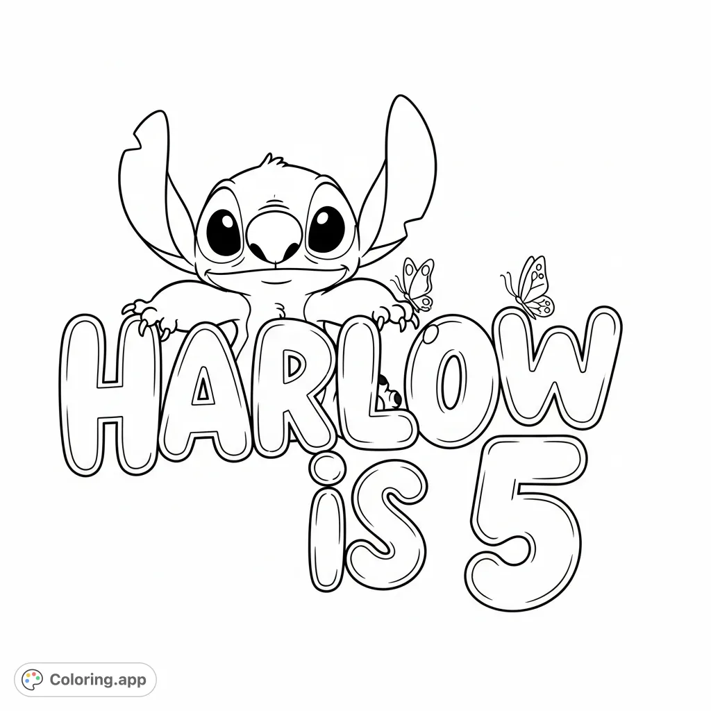 Stitch playfully interacts with large bubble letters spelling 'Harlow is 5' on this delightful free printable Stitch coloring page. Perfect for celebrating a special birthday!