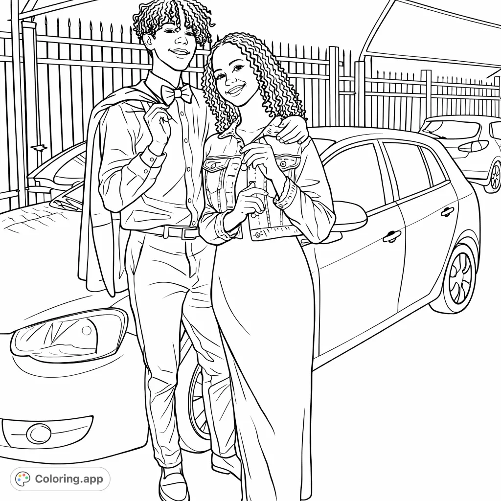 Capture a fashionable young couple posing with a sleek car. Perfect for teens and adults, this modern coloring page features elegant attire and vehicle details.