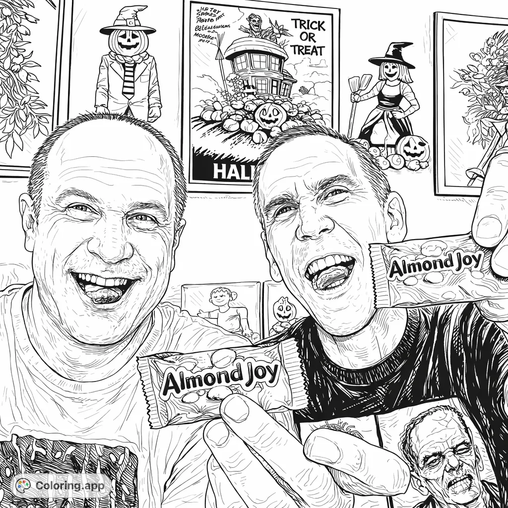 Enjoy a festive Halloween coloring page featuring two friends celebrating with candy and surrounded by classic spooky decorations. A fun, detailed scene for all ages.