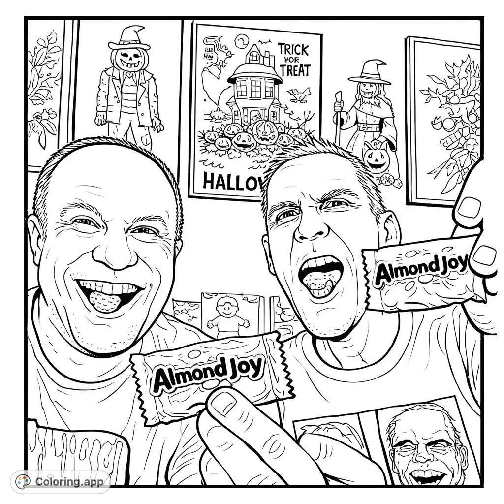 Capture the festive spirit with two friends enjoying Halloween candy amidst spooky decorations. A fun, cartoony scene perfect for candy lovers.