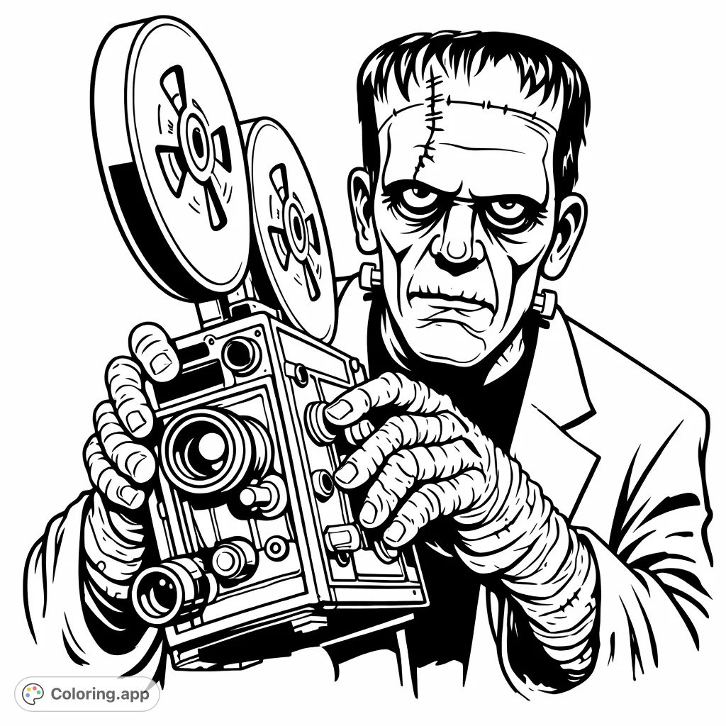 Capture the iconic monster with a vintage film camera in this unique coloring page! Perfect for horror fans and film enthusiasts. A moderately detailed design.