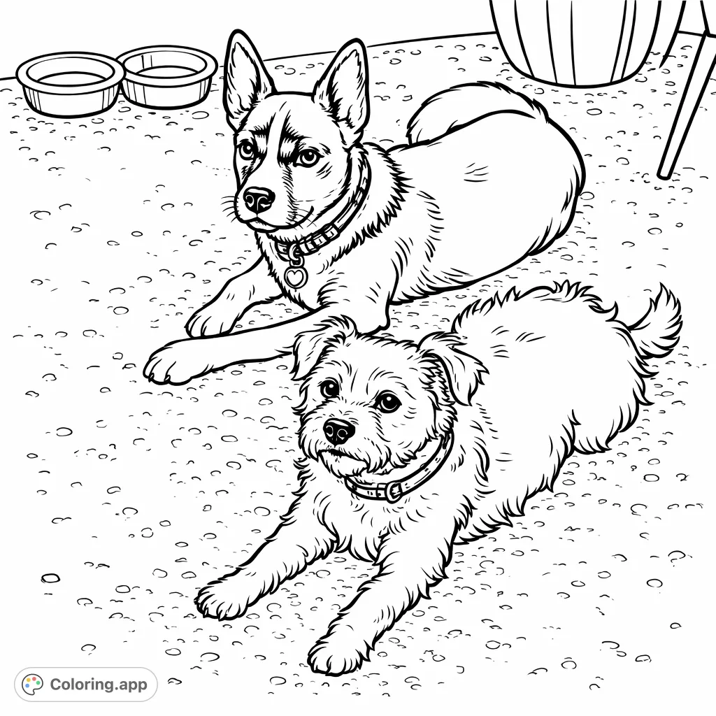 Two adorable dogs, one fluffy and one sleek, rest together in a cozy scene. A charming free printable dog coloring page for kids and adults to enjoy.