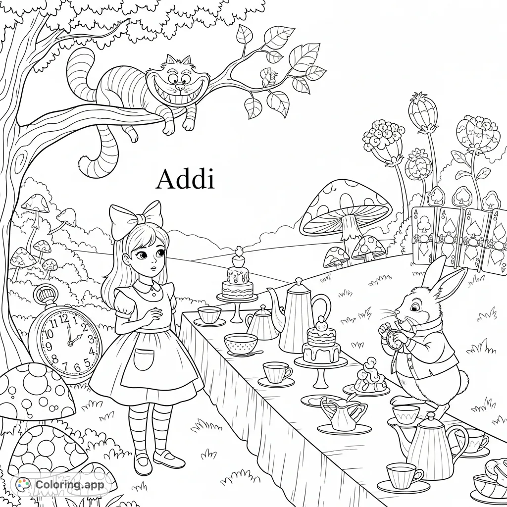 Join Addi in a magical Wonderland scene, featuring the White Rabbit, Cheshire Cat, and a fantastical tea party, perfect for a first birthday celebration!