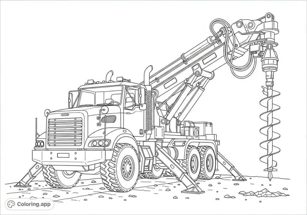 Explore the intricate details of a realistic auger truck coloring page, featuring a heavy-duty chassis, hydraulic boom, and powerful auger.