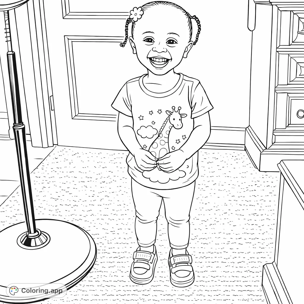 A delightful child stands smiling, wearing a fun shirt with a giraffe, clouds, and a rainbow. A cheerful scene for kids to bring to life.