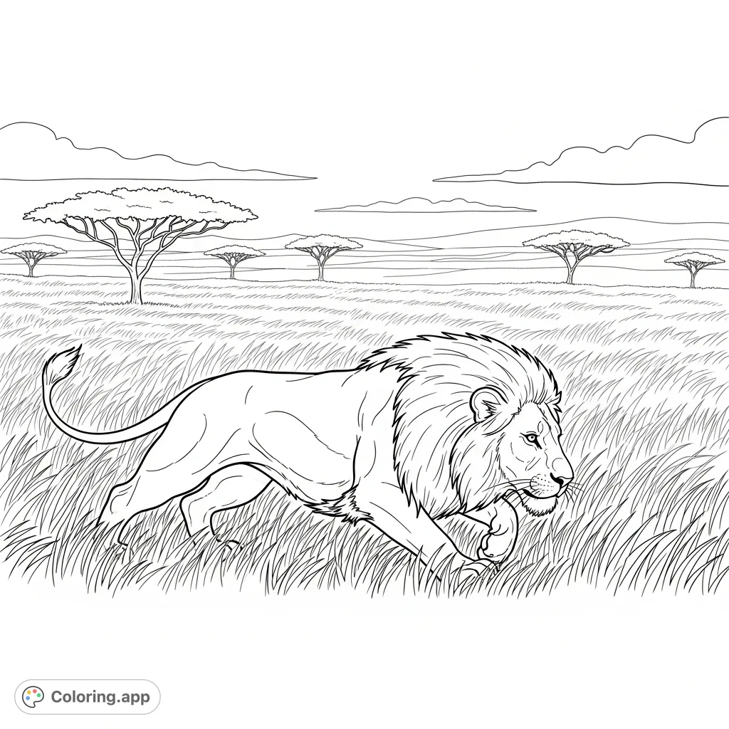 A majestic lion in pursuit across the vast savanna. A powerful depiction of wildlife in action, ready for your creative touch.