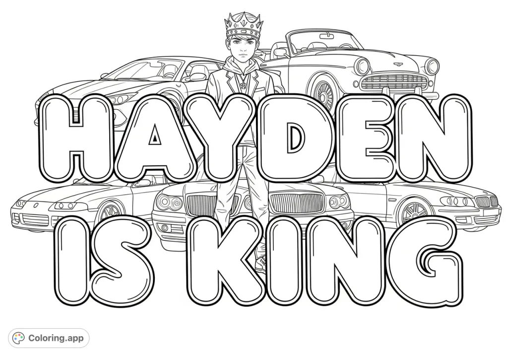 A fun, free printable coloring page featuring bold bubble letters spelling 'Hayden is King'. Perfect for personalizing and celebrating someone special.