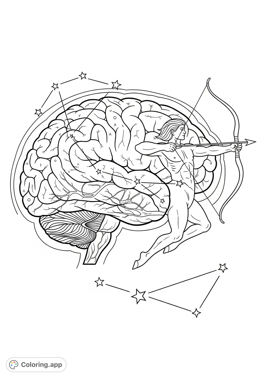 Explore a unique Sagittarius brain coloring page. A detailed human brain with an integrated archer and constellation patterns offers an intricate and thoughtful challenge.
