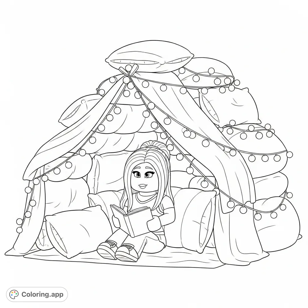 A charming Roblox girl nestled in her cozy pillow fort, adorned with delicate fairy lights. A delightful and inviting scene for creative coloring fun.