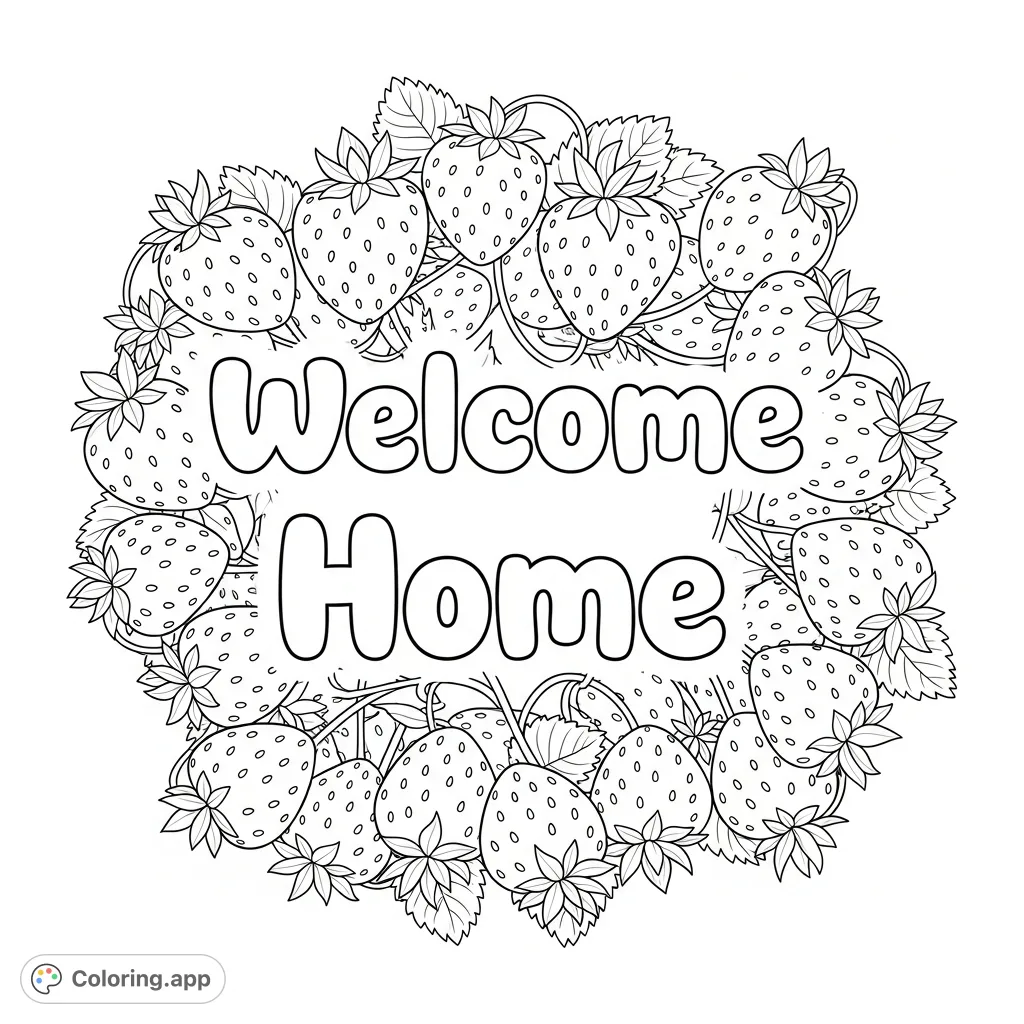 A delightful strawberry-themed frame around 'Welcome Home' in bubbly cursive. Perfect for a cheerful, free printable coloring page.
