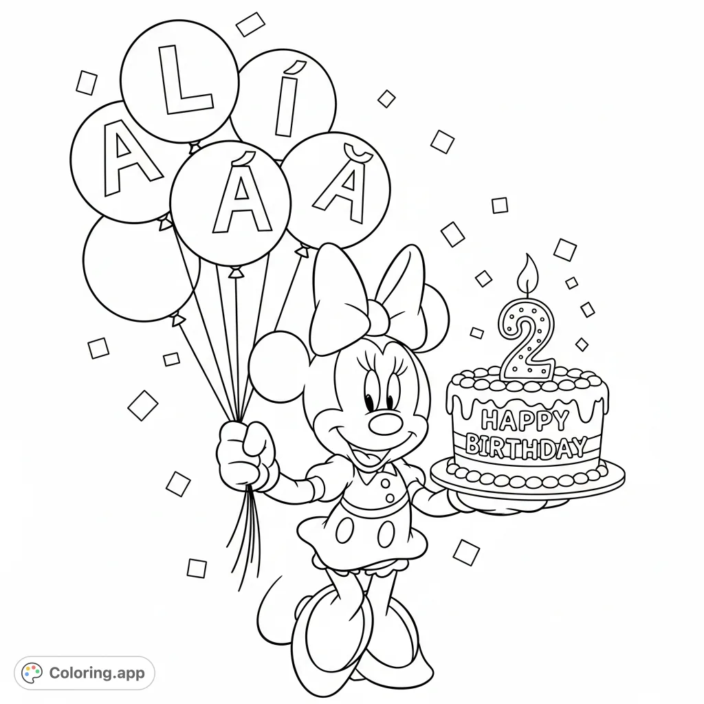 Celebrate with Minnie Mouse! This fun coloring page features Minnie holding 'ALAIA' balloons and a birthday cake with a number '2' candle. Perfect for young fans!