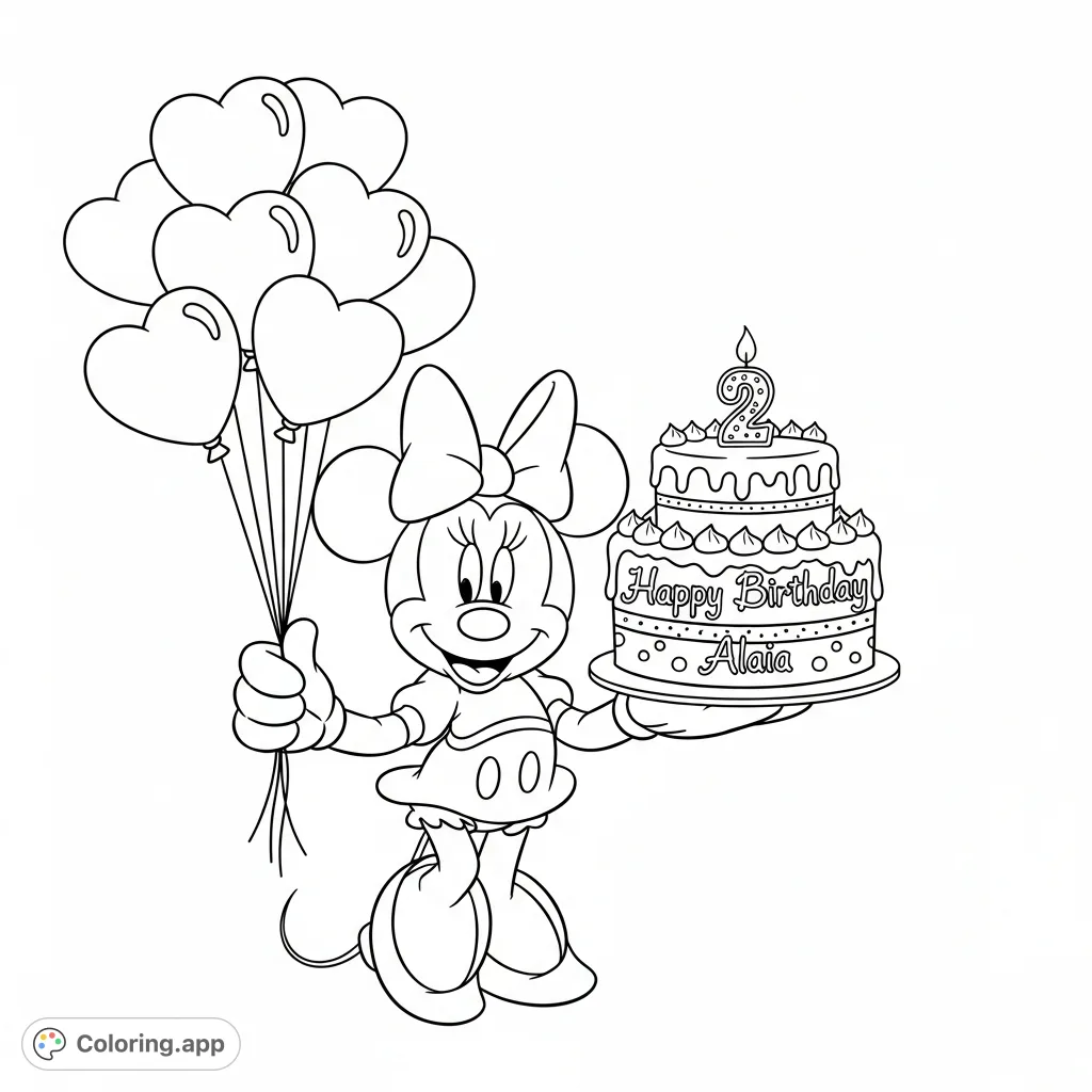 Join Minnie Mouse celebrating a special birthday! She holds heart balloons and a cake personalized with 'Happy Birthday Alaia' and a '2' candle.