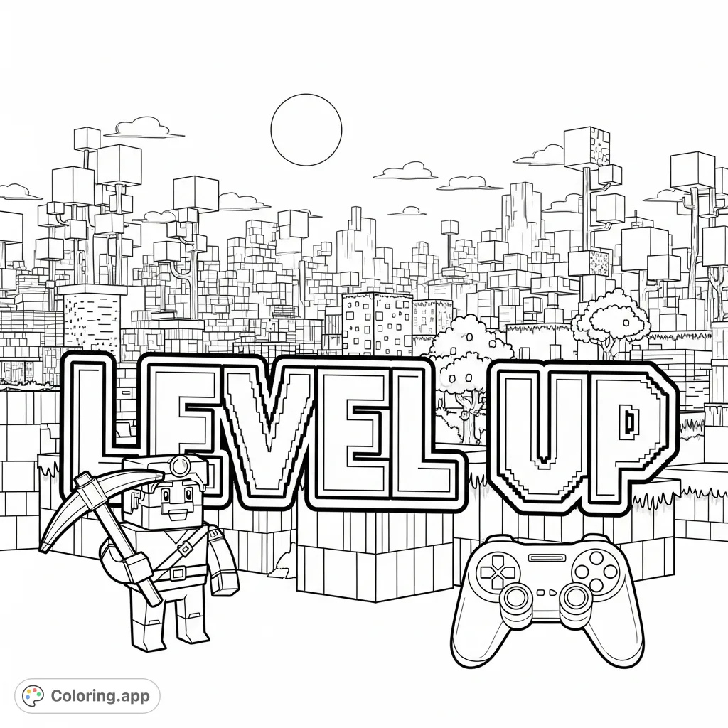 Conquer challenges with this motivational 'Level Up' coloring page. Features blocky characters, pixelated landscapes, and gaming elements for all ages.
