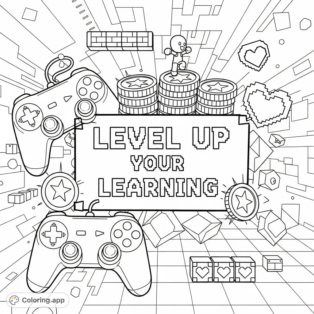 Embark on a pixelated adventure! This video game coloring page features 'Level Up your Learning' surrounded by iconic controllers, power-ups, and coins. Fun for all ages.