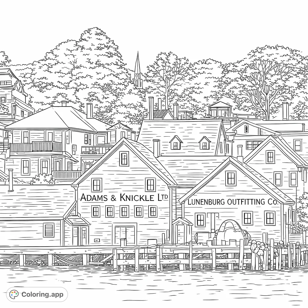 Explore a charming historic harbor townscape. Color intricate waterfront buildings, a bustling pier, and a distant church steeple nestled among trees. Perfect for detailed coloring.