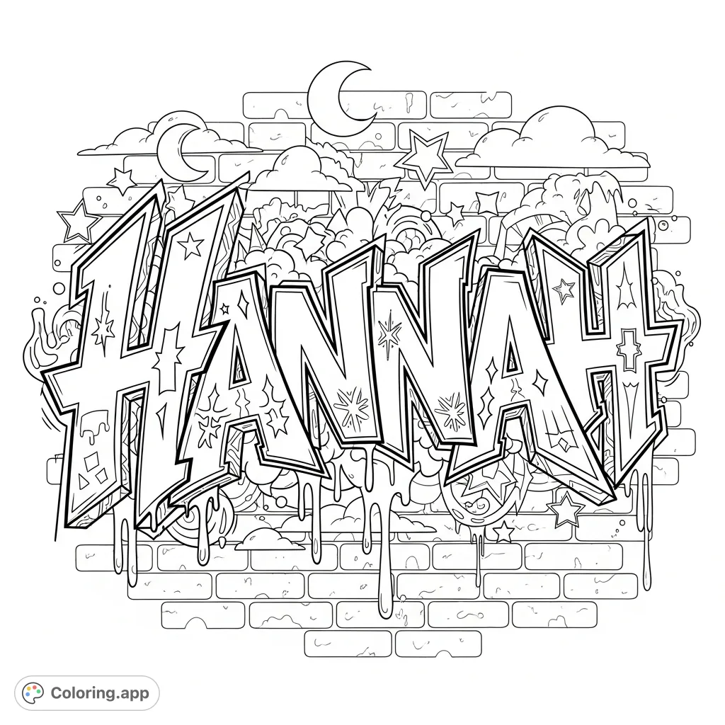 An intricate graffiti-style 'Hannah' name on a textured brick wall, featuring bold letters, dripping paint effects, geometric patterns, and starburst details.