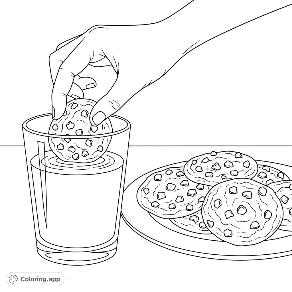 A delicious chocolate chip cookie dipping into a refreshing glass of milk, surrounded by more tasty cookies. A perfect treat to color!