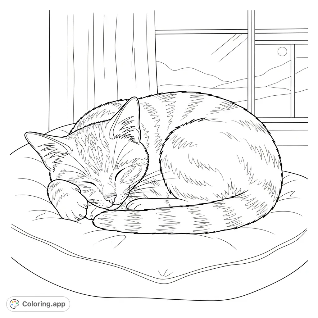 A tranquil cat curls up for a peaceful nap on a soft cushion, offering a serene scene. Ideal for a relaxing cat coloring page experience.