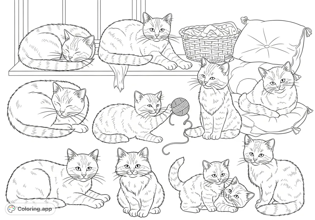 An adorable collection of playful and sleepy cats in various poses, with distinct fur textures and expressive faces, nestled in a cozy setting.