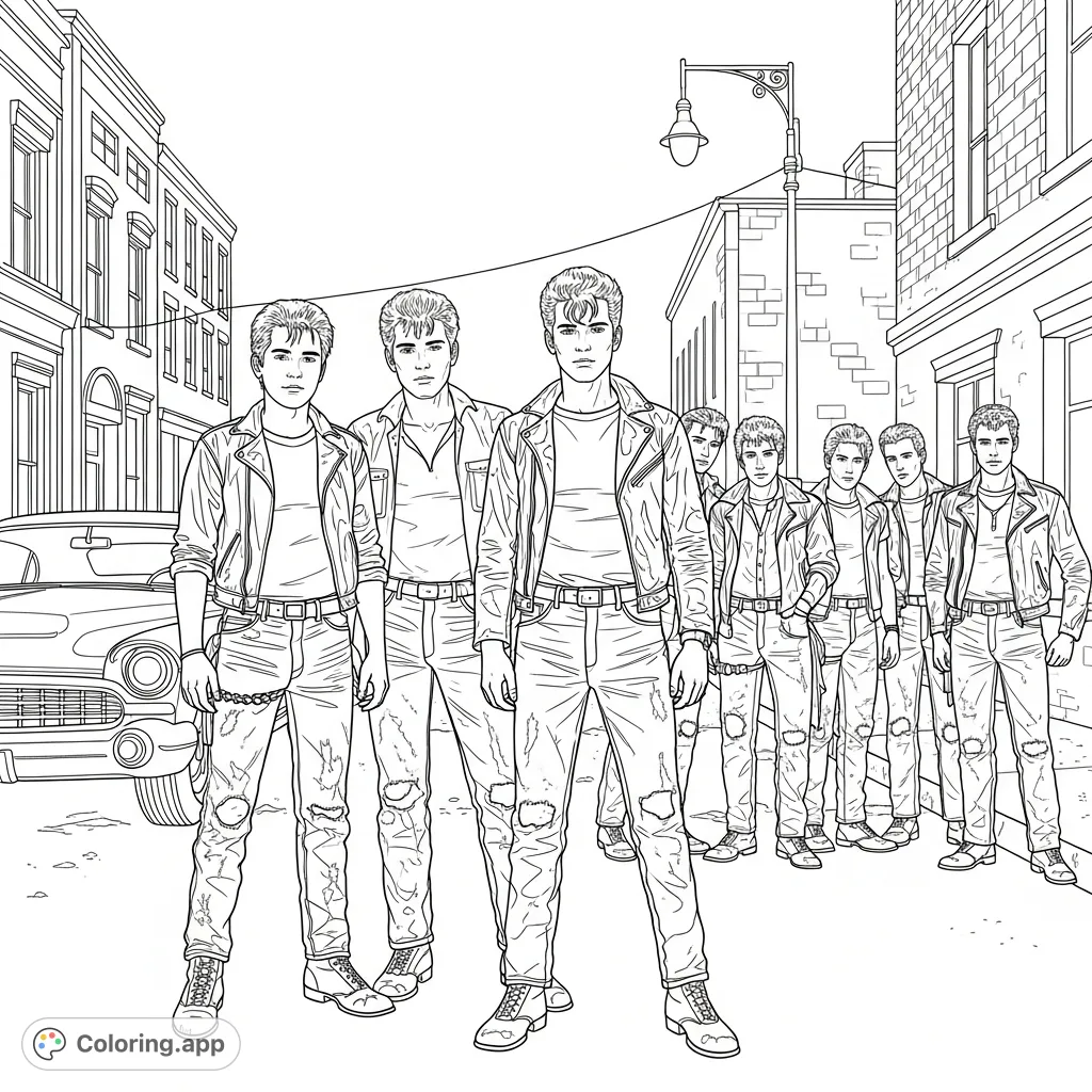 Step into the 1960s with "The Outsiders" Greasers, a detailed coloring page featuring Ponyboy, Johnny, Dallas, and the gang in their iconic street setting.