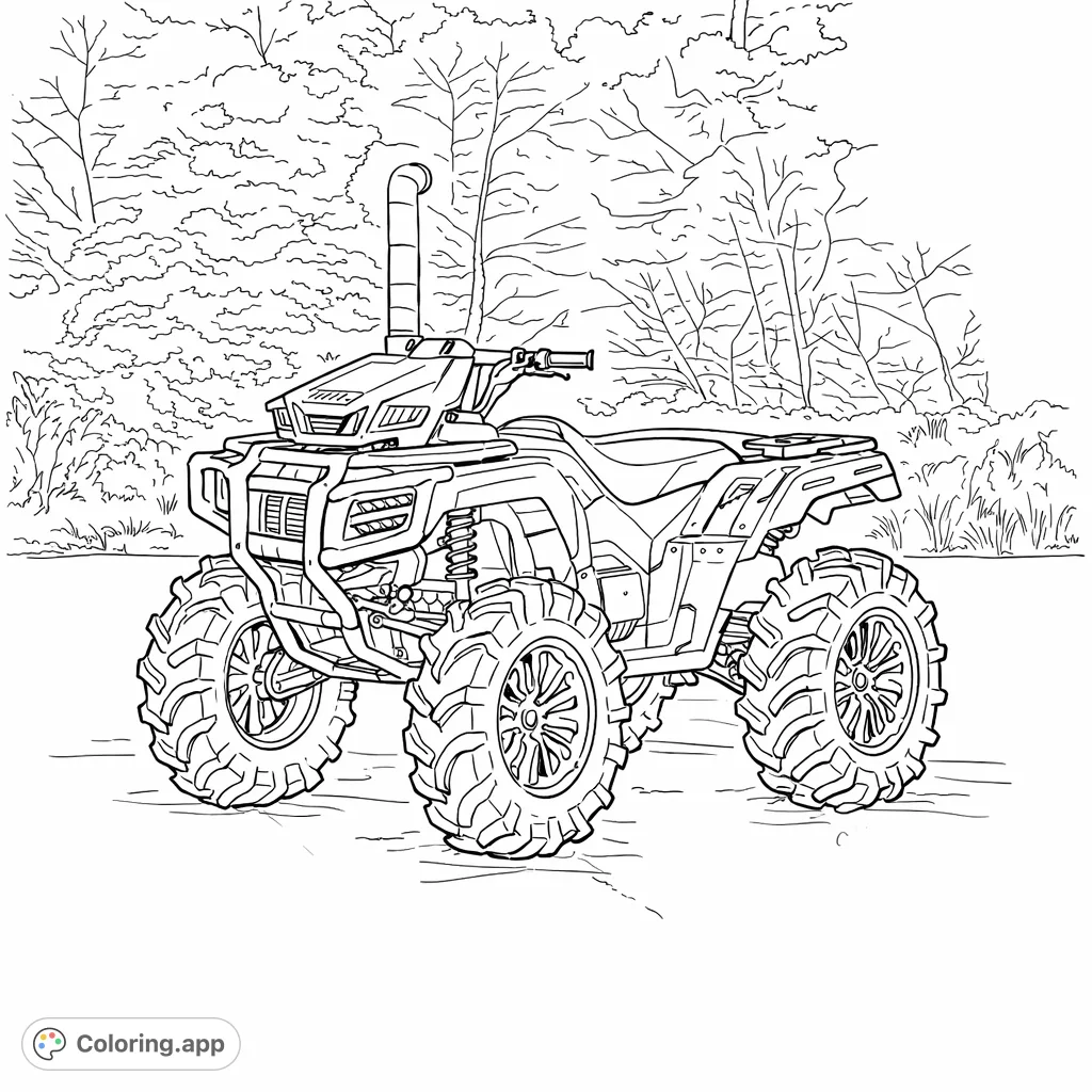 A detailed ATV coloring page featuring a powerful off-road vehicle with massive knobby tires and intricate custom wheels, set against a natural background.