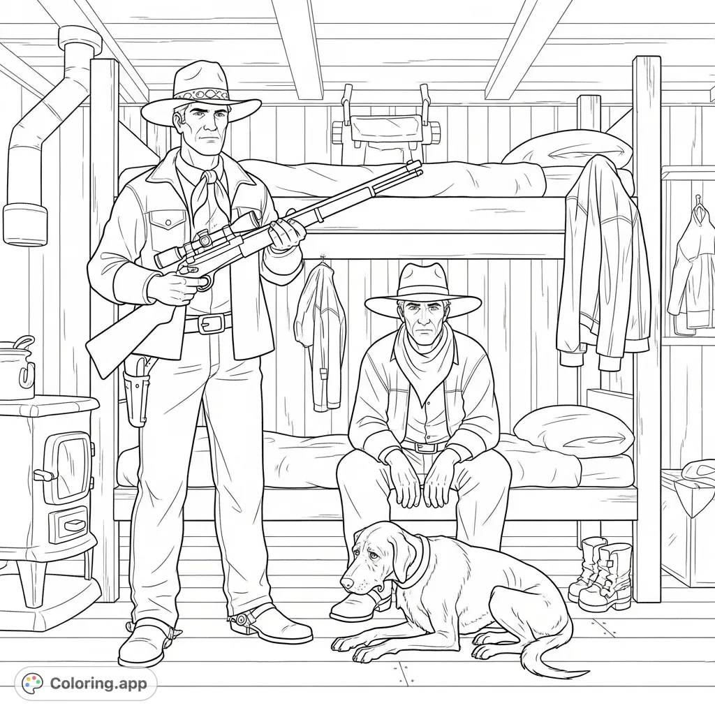 A poignant scene from 'Of Mice and Men' Chapter 3, depicting Carlson with a rifle, Candy and his old dog in the bunkhouse. A classic literature coloring page.