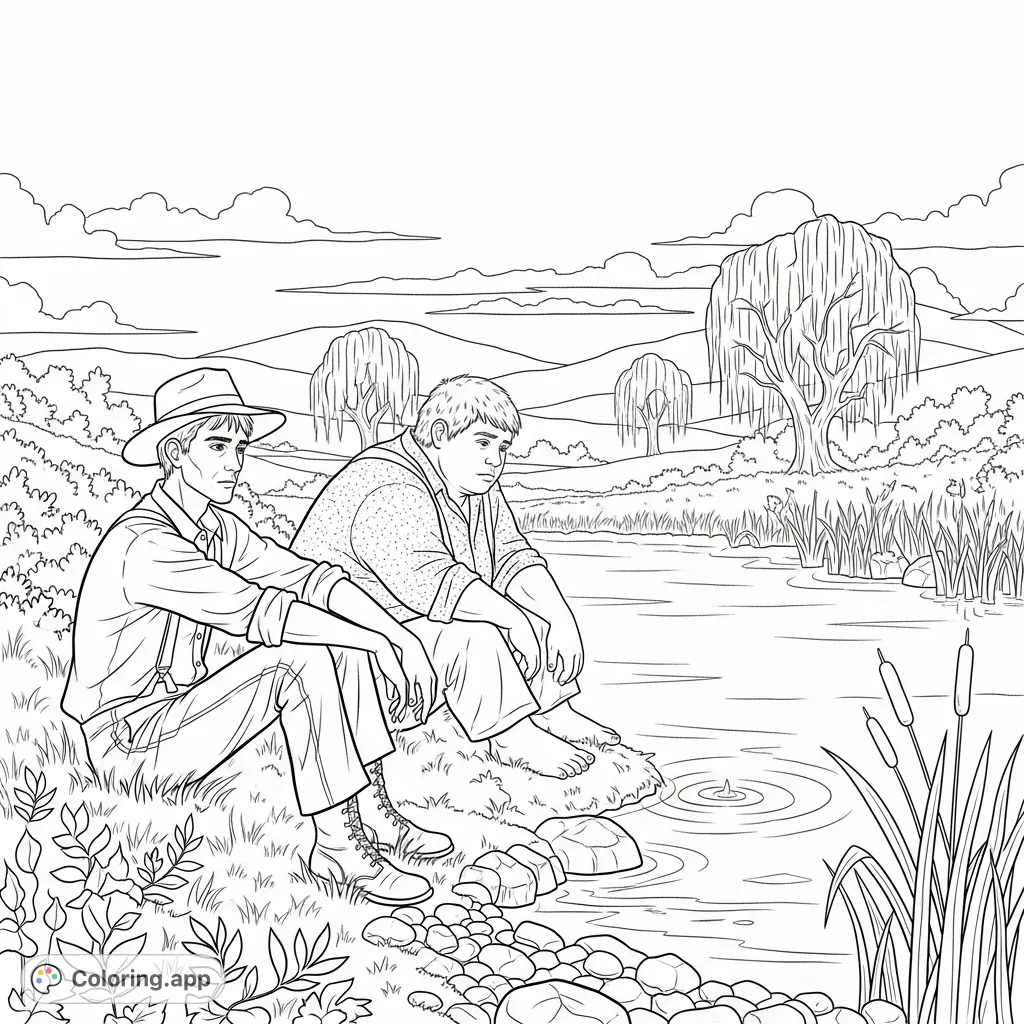 An evocative literary coloring page featuring George and Lennie by a tranquil pond, perfect for fans of Steinbeck's classic novel.