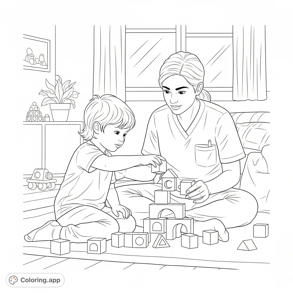 A heartwarming scene featuring a caregiver helping a disabled child build with blocks at home. A positive and inclusive building blocks coloring page.