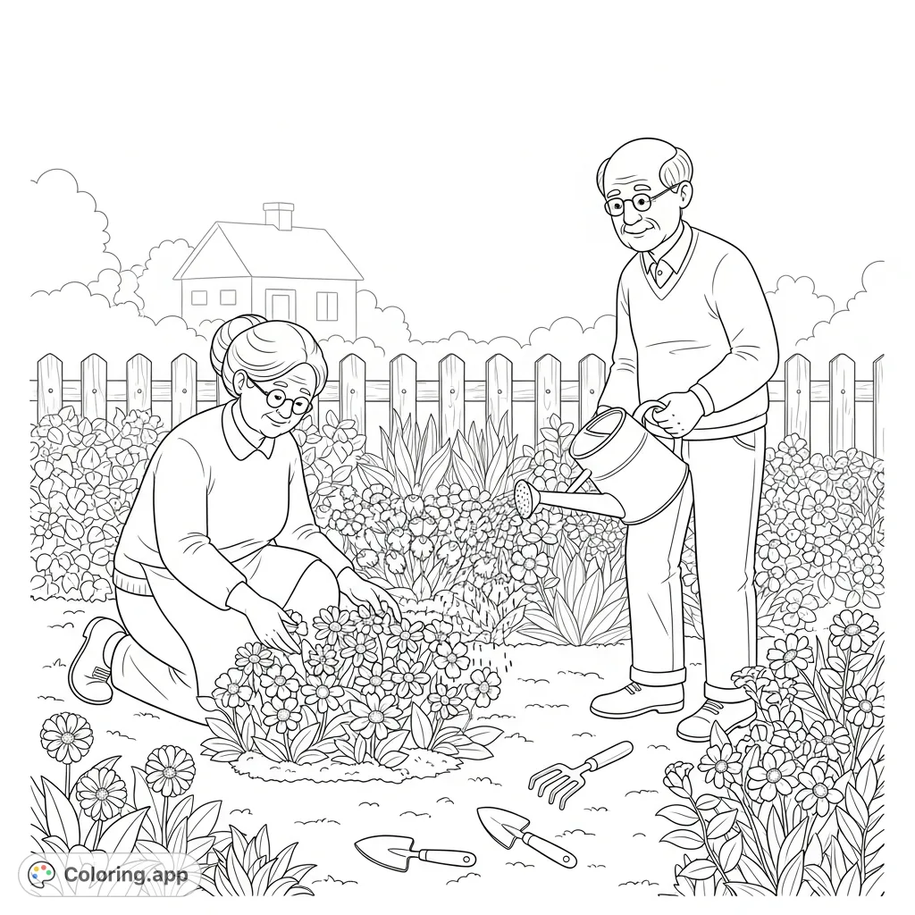 A heartwarming scene of grandparents happily gardening amidst a vibrant flower garden. Perfect for a relaxing and mindful coloring experience.