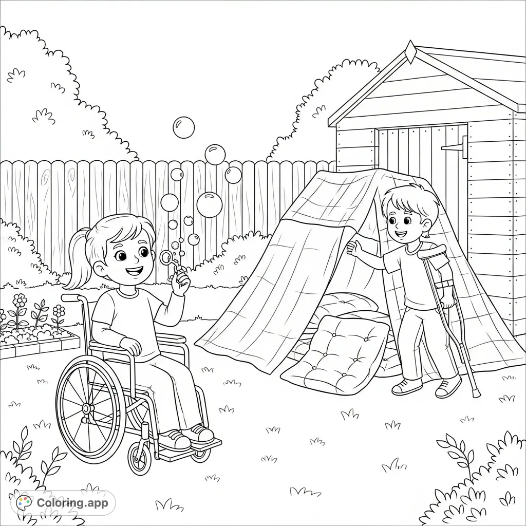 Two joyful children with disabilities play in a backyard, blowing bubbles and building a fort. A heartwarming scene of friendship and imaginative fun, ready for your creative touch.