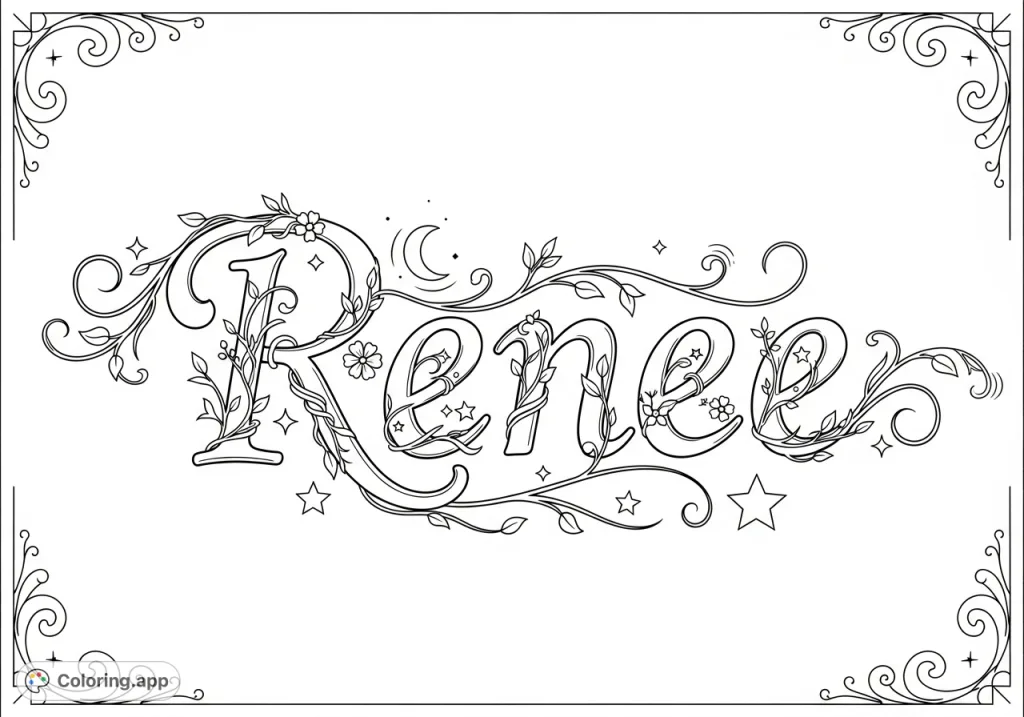 A beautiful Renee coloring page featuring elegant script lettering intertwined with delicate floral vines and blossoms, perfect for personalization and creative expression.