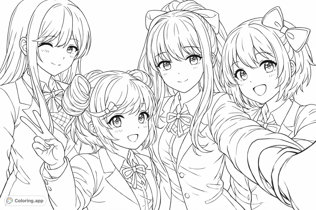 Capture the fun of friendship with this anime school friends selfie coloring page! Four cheerful characters in school uniforms pose for a memorable moment.