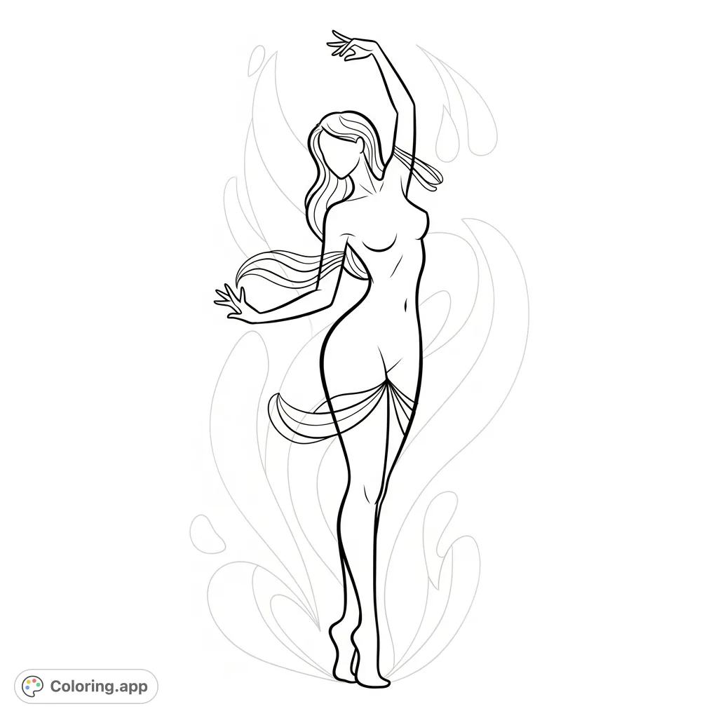 A graceful, curvaceous female figure in an elegant pose, emphasizing her form with flowing lines and minimal adornments. Perfect for adult colorists.