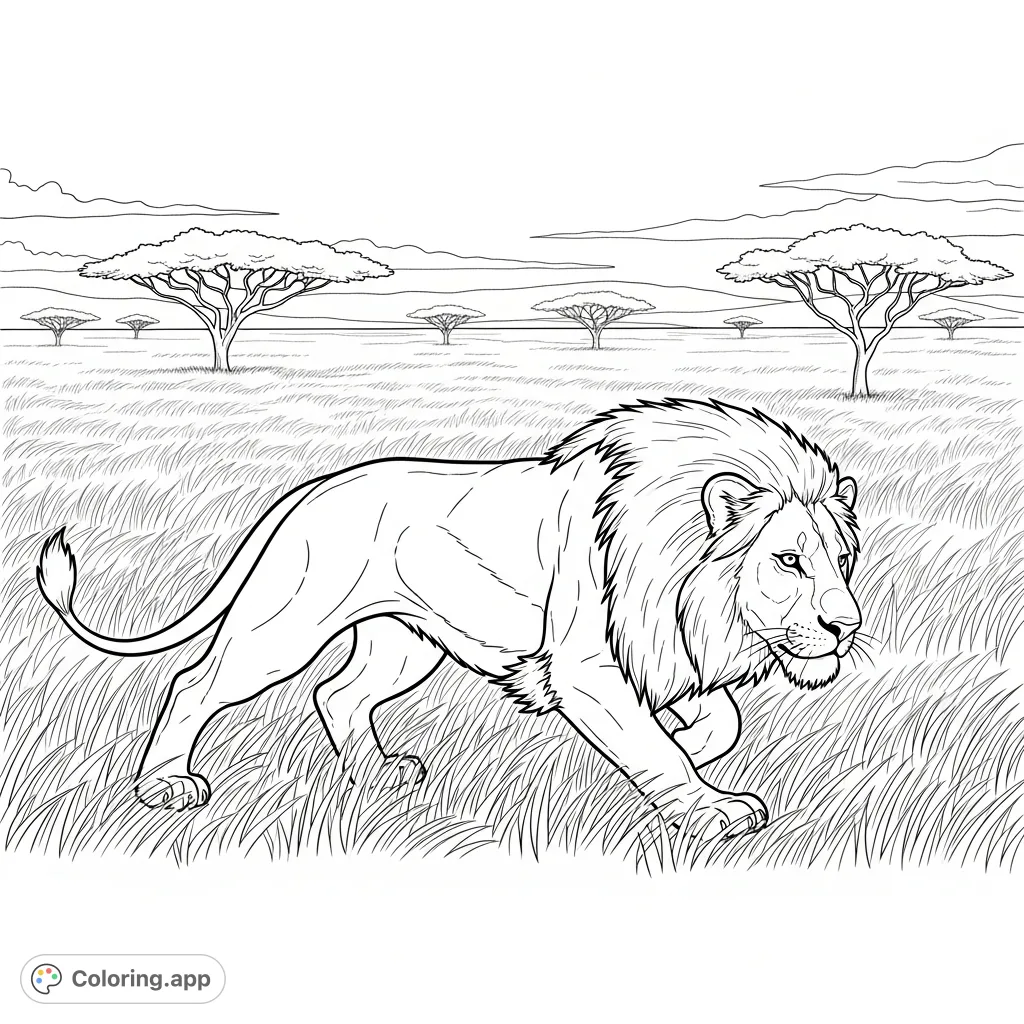 A powerful lion in mid-stride, intently hunting across a vast savanna with tall grasses and acacia trees under an open sky. Capture its raw energy.