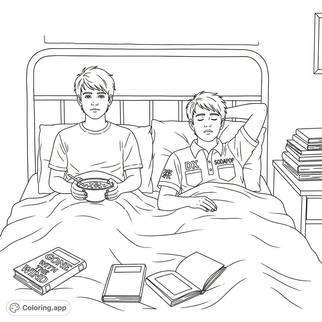 A slice-of-life teen bedroom coloring page with two boys, one awake with soup, the other asleep. Features a detailed 60s style shirt and books.
