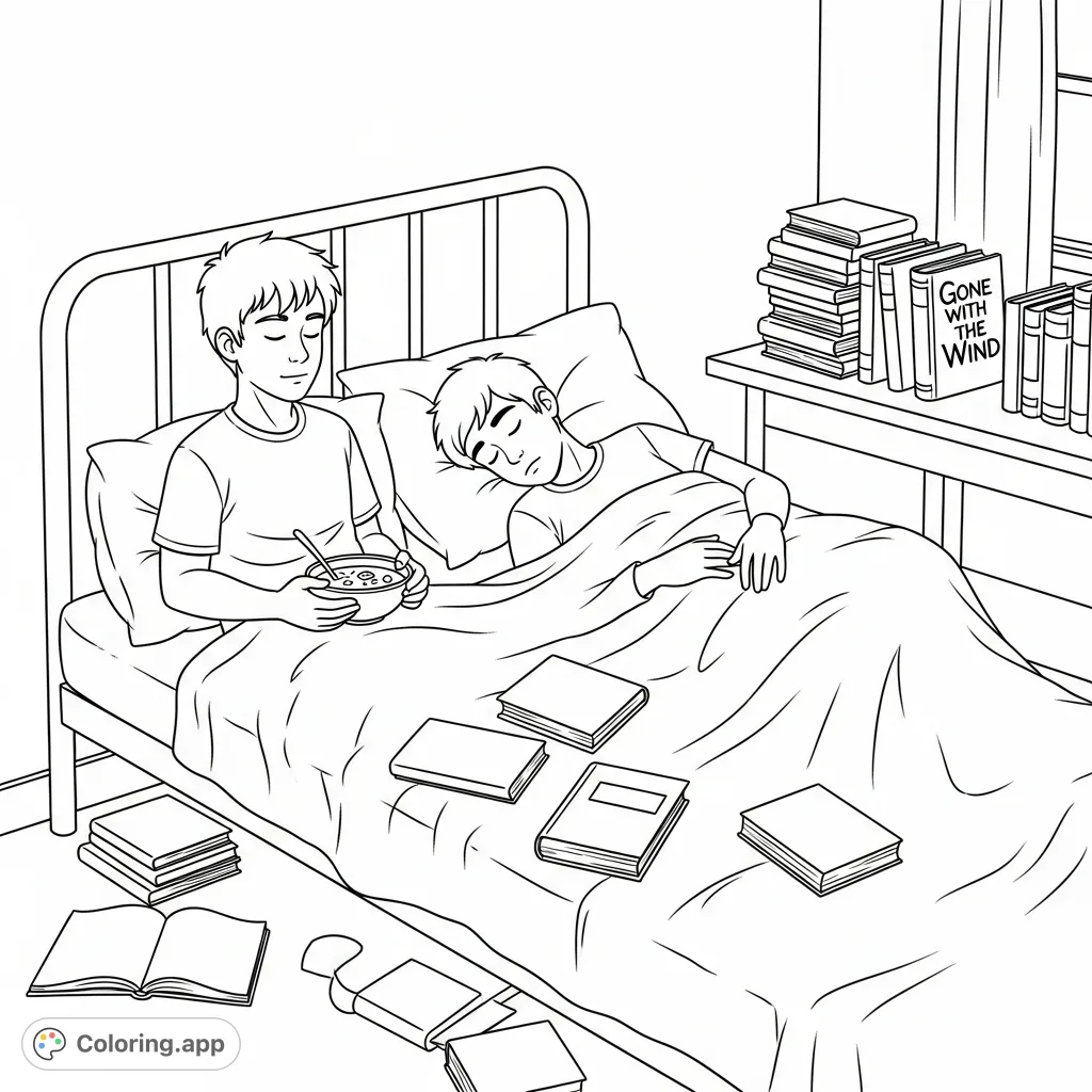 Capture a cozy teen bedroom scene featuring two boys, one enjoying soup and another asleep, surrounded by books and a classic novel.