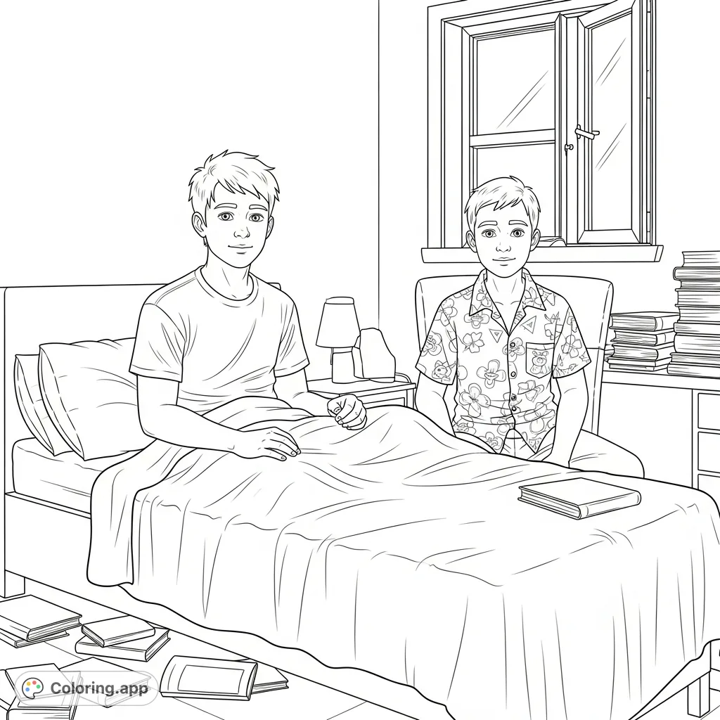 Capture a detailed scene of two teen boys in a messy room, featuring realistic anatomy, expressive faces, and intricate fabric textures. A relatable coloring page for teens and adults.