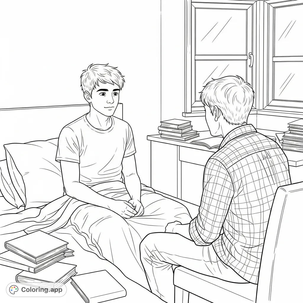 Explore a detailed scene featuring two teen boys in a messy room. Perfect for character study and realistic coloring.