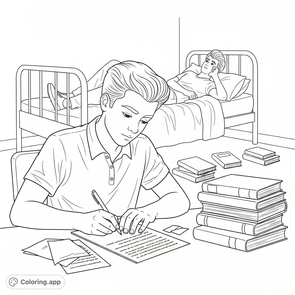 Capture a relatable teen scene: one boy writing diligently at a desk with books, another relaxing on a bed, lost in thought. A detailed, everyday room awaits your colors.