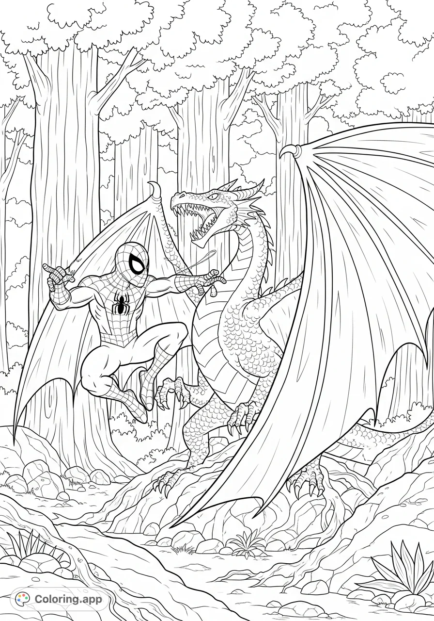Experience an epic fantasy action coloring page featuring Spiderman battling a magnificent dragon in a detailed forest. Unleash your creativity!