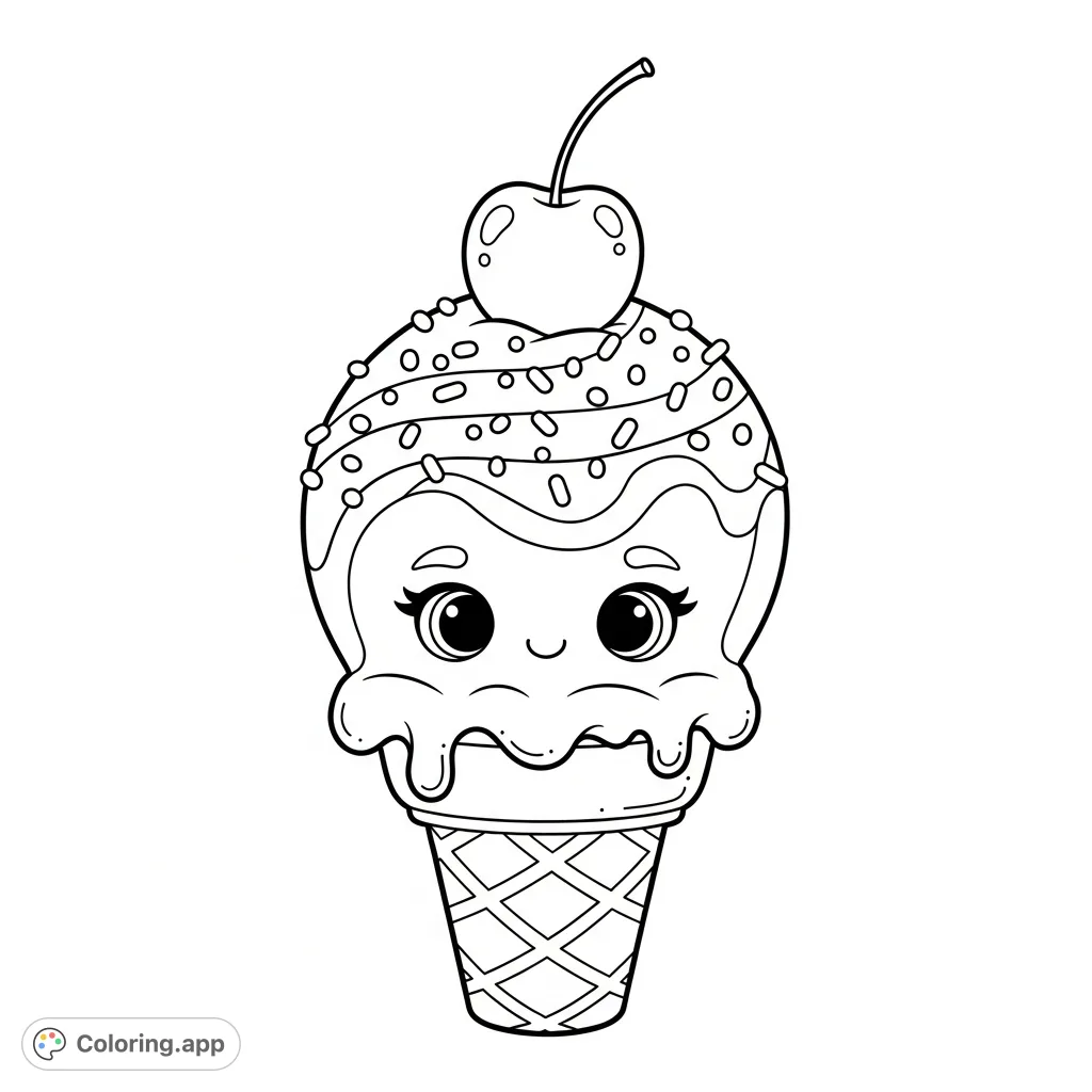 Indulge in this adorable kawaii chibi ice cream cone coloring page! Features a cute, smiling scoop with sprinkles, a cherry, and a textured waffle cone.