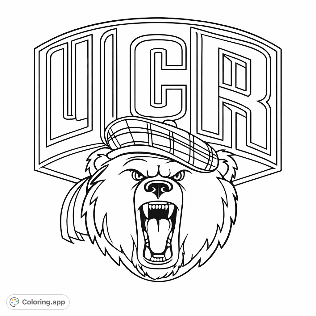 Color a powerful bear mascot wearing a distinctive cap, roaring fiercely. Features the iconic 'UCR' emblem, perfect for fans and enthusiasts.