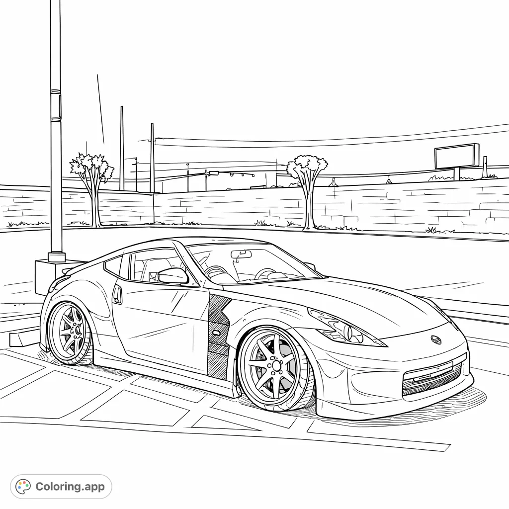 Color a detailed sports car parked in a rainy night setting, featuring sleek lines, custom wheels, and a subtle background. A car coloring page.